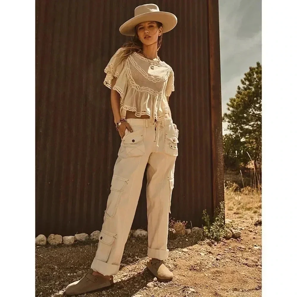 New Free People Tahiti Low-Rise Cargo Pants White Large